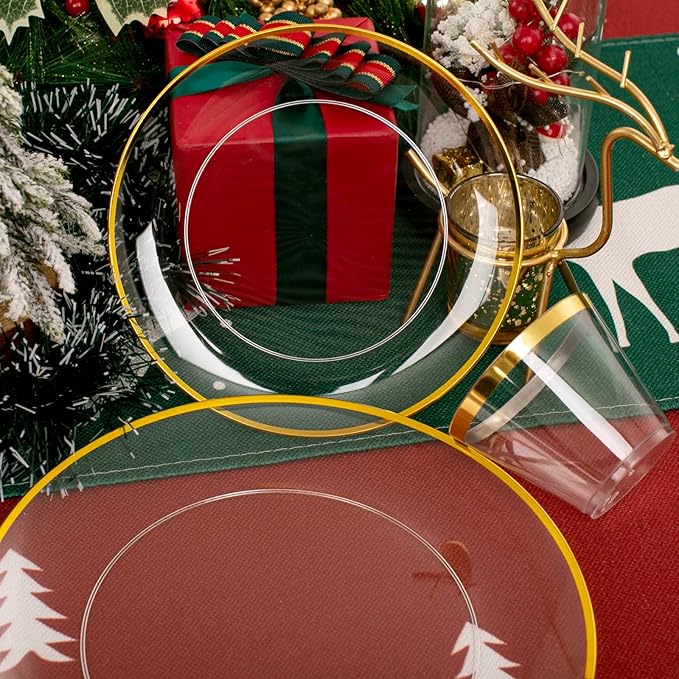 Rubtlamp 140Pcs Christmas Gold Plastic Plates, Clear Disposable Plates with Gold Trim,Christmas Dinnerware Include 20Dinner Plates,20Salad Plates, 20Cups,20Silverware With Pre Rolled Napkins
