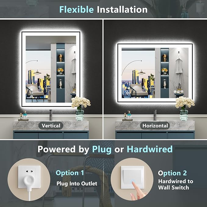 28x36 Black Framed LED Bathroom Mirror with Lights, Backlit & Front Lit, Anti-Fog Lighted Vanity Mirror for Bathroom Wall, 3 Colors, Dimmable, Memory, HD Tempered Glass, Horizontal/Vertical