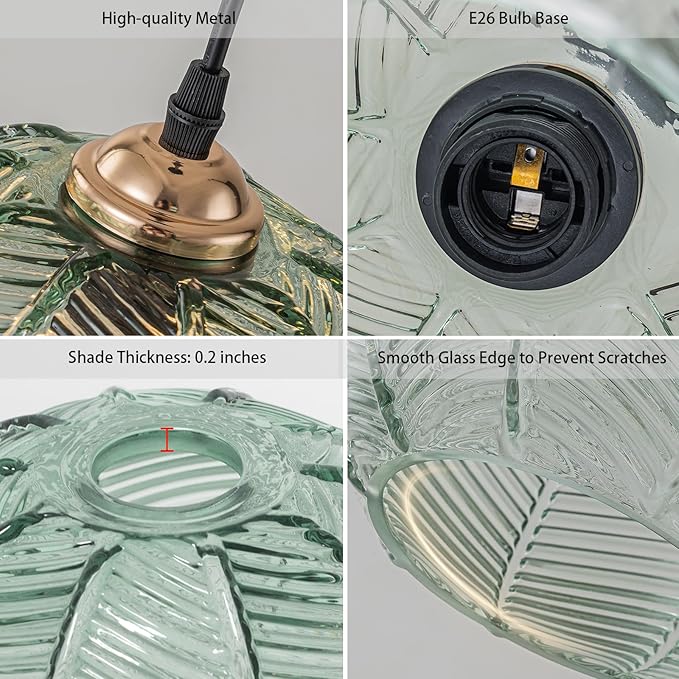 Glass Pendant Lights Kitchen Island 2 Pack, Mid Century Modern Glass Globe Pendant Light with 8.6" Green Ribbed Shade, Adjustable Vintage Hanging Light Fixture for Dining Room Bathroom Bedroom