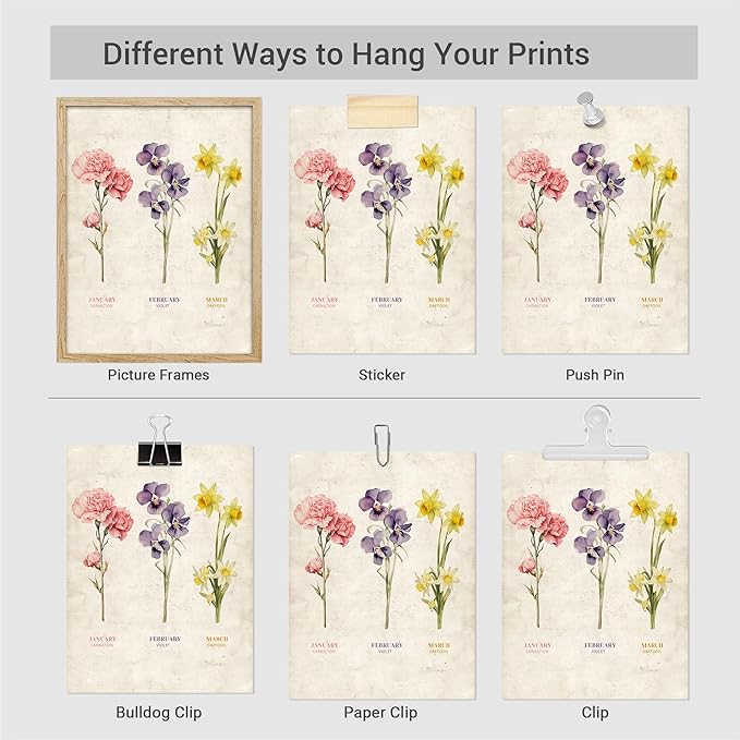 SIGNWIN Adhesive Canvas Poster Set Vintage Floral Birth Month Botanical Prints Antique Flower Illustrations Modern Art Decorative Scenic Multicolor Nature Wilderness for Bedroom - 11"x14"x4