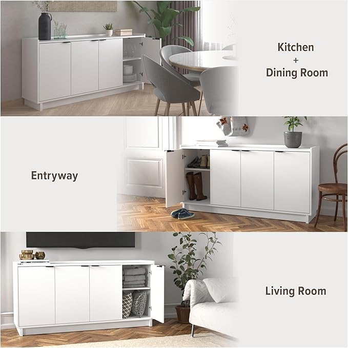 Prepac Simply Modern 4 Door Console Table with Storage, White Storage Cabinet with Doors and Shelves, Sideboard Storage Cabinet 60" W x 30" H x 16" D, WCBG-1820-1