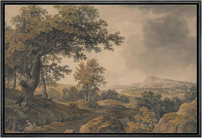 MUDECOR Framed Canvas Print Wall Art Antique Landscape Serene Tree and Mountain Scene Illustrations Realism Decorative Scenic Panoramic Earth for Living Room, Bedroom, Office - 24"x36" Black