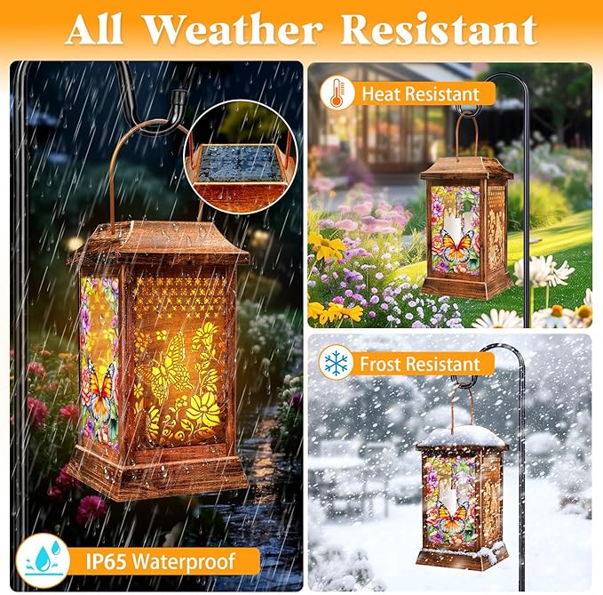 Butterfly Solar Lanterns Outdoor Waterproof, Metal & Glass Hanging Lights Garden Decor, Birthday Gifts for Women Mom Grandma Mothers Day, Decorative Lights for Outside Yard Patio Backyard Porch