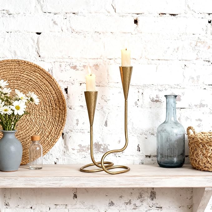 Vintage Twisted Brass Style Candle Holder, Candlestick Holder for Table Decoration, Holiday, Wedding, Housewarming (Size C)