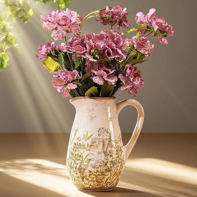 Vintage Green and Beige Ceramic Pitcher Vase with Handle, Farmhouse Floral Decorative Vase, Rustic Table Centerpiece for Home Decor, Living Room, French Country Grand Millennial Decor 8.7 in