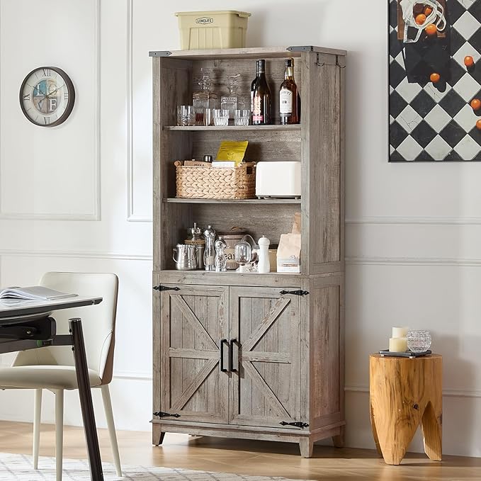 70in Tall Bookshelf 5 Tier Bookcase with Barn Doors and Adjustable Shelves, Grey Farmhouse Book Shelf with Storage Cabinet, Wood Freestanding Display Bookshelves for Bedroom, Kitchen (2 PCS)
