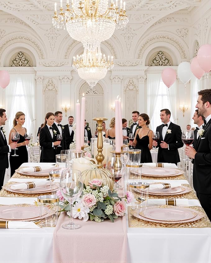 Nervure 100PCS Pink and Gold Plastic Plates - 7.5 inch Pink Plastic Plates with Gold Rim - Disposable Dessert Plate for Wedding & Party & Christmas