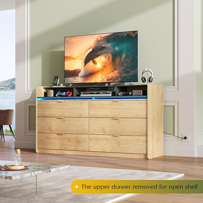 WLIVE 9 Drawer Led Dresser for Bedroom, 58.35'' Wide Wooden Dresser Storage Organizer with Power Outlets for 65'' TV, Dressers with Open Shelves, Chest of Drawers for Closet, Living Room, Light Oak