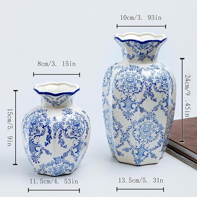 Chinoiserie vase, Blue and White Geometric Pattern Porcelain vase with Wavy Rim, Console Table Centerpiece, Floor Decor, entryway (Large, Mantangchun)