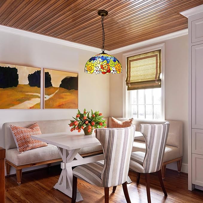 Tiffany Kitchen Island Pendant Light Rose Stained Glass Chandelier Victorian Hanging Lighting Fixture for Dining Living Room Study Hallway,15 inch