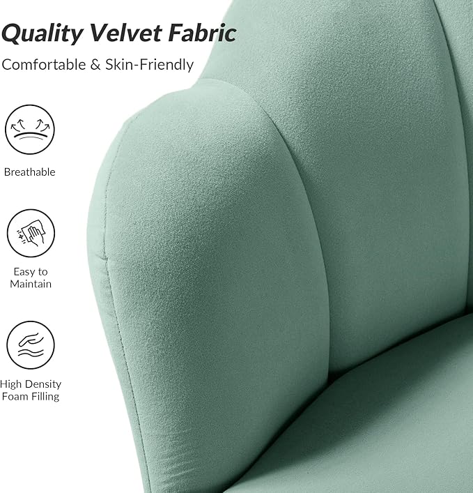 HULALA HOME Modern Velvet Accent Chair with Shell Shaped Back, Cute Living Room Bedroom Armchair with Gold Legs, Comfy Upholstered Vanity Chair for Makeup Room, Sage