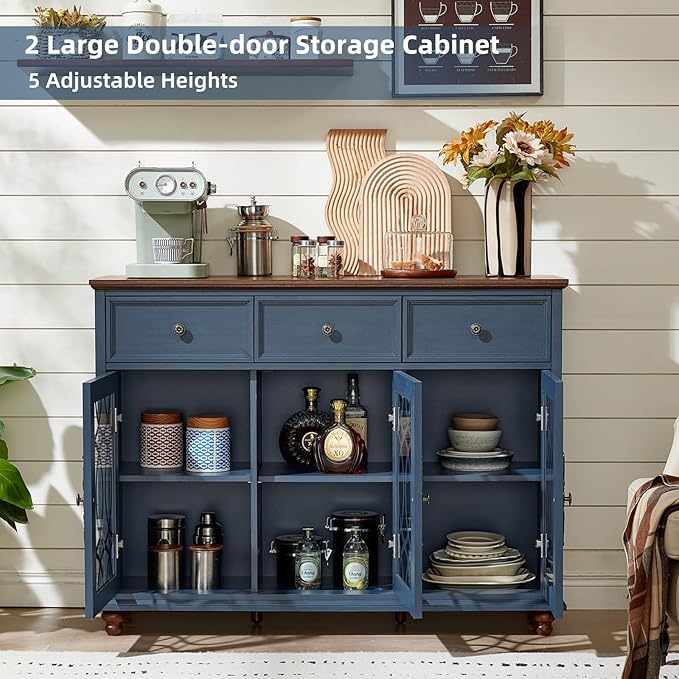 Farmhouse Sideboard Buffet Cabinet Set of 2 with Storage,48" Large Credenza with 3 Glass Doors & 3 Drawers,Adjustable Shelves Console Table,Wood Kitchen Coffee Bar for Dining Room,Navy Blue