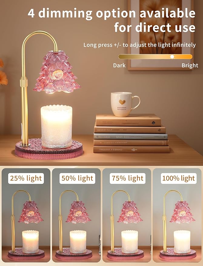 Candle Warmer Lamp with Timer & Dimmer, Crown Glass Lamp Candle Warmer for Jar Candles, 2 Bulbs, Height Adjustable Electric Wax Warmer for Elegant Home Decor (Blush Pine)