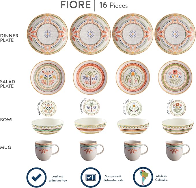 Corona Dinnerware Set 16–piece Mosaic Tropical Flower Pattern Ceramic Dinnerware Sets | Plates, Bowls and Mugs | Service For 4 | Fiore