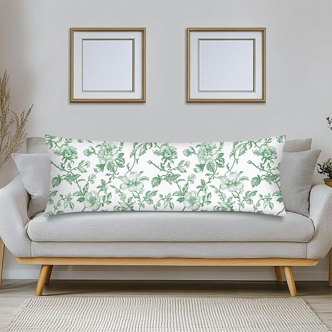 Green and White Porcelain Floral Body Pillow Cover Vintage Flowers Long Pillow Case with Zipper,Florals Lumbar Pillows Cases,Chinoiserie Decorative Soft Bed Cushion Covers for Bedroom,Sofa,"20x54"