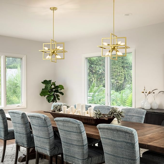 Modern Small Square Gold Chandelier, 8-Light Farmhouse Geometric Pendant Lighting Fixtures, Industrial Lantern Hanging Chandelier for Kitchen Dining Room Foyer Entryway