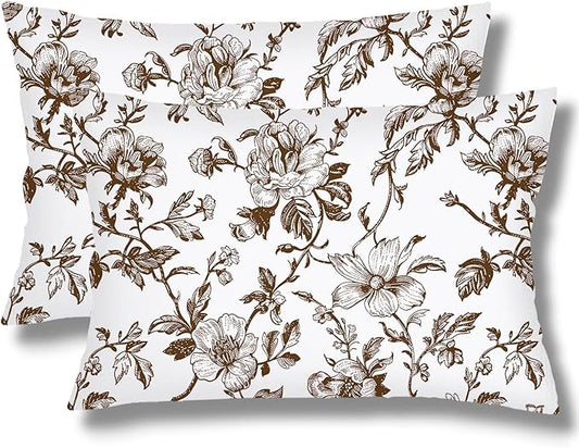 Brown and White Porcelain Floral Pillow Cover Queen Size Set of 2 Vintage Flowers Lumbar Pillow Case Standard Pillowcase with Zipper Chinoiserie Decorative Pillows Covers for Bedroom,Couch,20"x30"