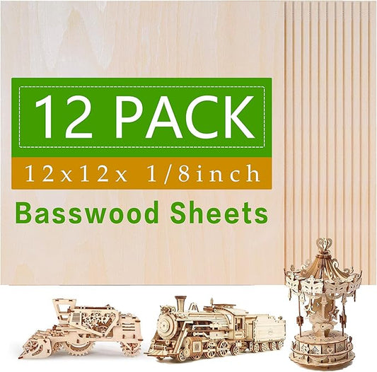 Basswood Sheets 12"x12"x1/8", 3mm Basswood for Laser Cutting, Thin Plywood Board Unfinished Wood for Crafts, DIY Architectural Models Making, Wooden Engraving, Burning Product. (12)