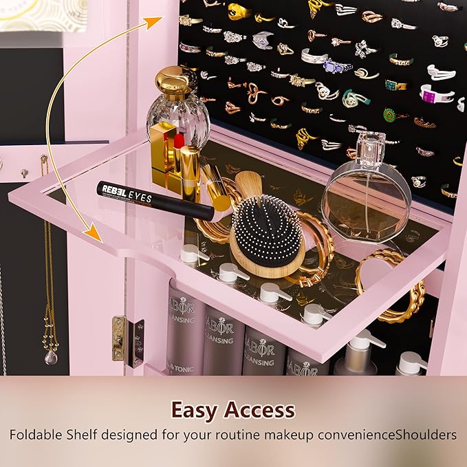 LVSOMT LED Mirror Jewelry Cabinet Standing, 360° Swivel Jewelry Organizers and Storage, Farmhouse Mirror with Jewelry Storage, Lighted Jewelry Armoire with Full Length Mirror (Pink)