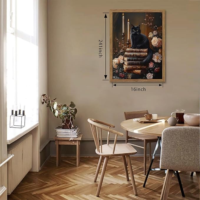 Vintage Dark Academia Framed Wall Art, Victorian Black Cat Floral Canvas Prints, Antique Book Wildflower Gothic Wall Decor for Living Room Gallery Library – Dark Wooden Frame 16x24in