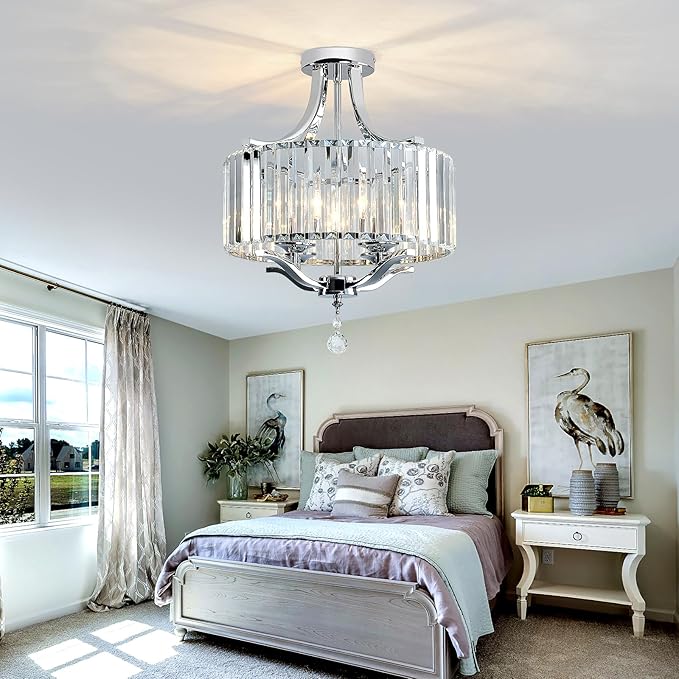 Modern Crystal Chandelier 4 Lights Chrome Semi Flush Mount Ceiling Light Fixture E12 Farmhouse Chandelier for Bedroom Dining Room Entryway Hallway Kitchen