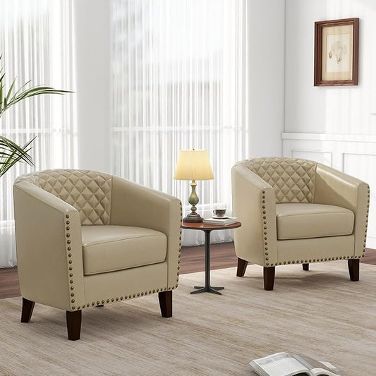 Pia Ricco Faux Leather Barrel Chairs Set of 2, Modern Comfy Accent Chairs, Upholstered Armchair Club Chairs with Nailhead Trim, Single Sofa Barrel Chair for Living Room Reading Room, Beige