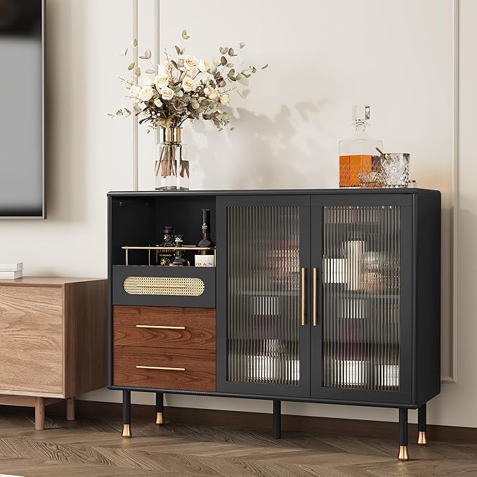 ARTPOWER 48" Coffee Bar Cabinet with Wine Racks and Drawers, Modern Buffet Sideboard with Pull-Out Wine Storage, Liquor Bar Cart for Kitchen, Dining Room, Living Room (Black)