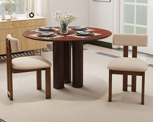 HNY Modern Farmhouse Linen Dining Chairs Set of 2, Beige Fabric Upholstered Dining Room Kitchen Chairs with Natural Wood Frame & Curved-Back, Armless Accent Wood Chairs for Dining Living Room