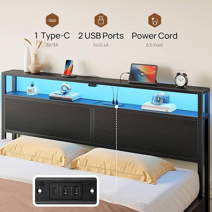 Rolanstar Twin Bed Frame with 4 Storage Drawers, Charging Station and LED Lights, Metal Platform Bed with 2-Tier Storage Headboard, No Box Spring Needed, Easy Assembly, Noise-Free, Black