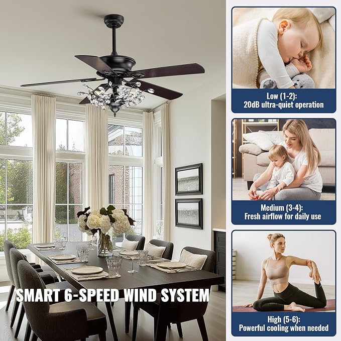 50" Reversible Crystal Ceiling Fan with Lights, Black Vintage Chandelier Fan with Remote Control, 6-Speed Adjustable & Quiet Motor – Fandelier for Bedroom, Living Room, Dining Room