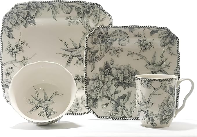 222 Fifth Adelaide 16-Piece Square Floral Dinnerware Set – Service for 4, Grey & White Porcelain Plates & Bowls, for Everyday Dining & Entertainment, Microwave & Dishwasher Safe, Chip Resistant
