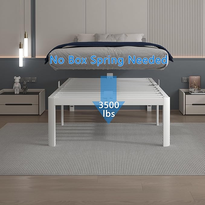 16 Inch Twin Bed Frames, White Twin Metal Bed Frame with Anti-Slip Baffles, No Box Spring Needed, Heavy Duty Steel Platform Supprt, Rounded Corner Legs, Noiseless, Reserved Holes, Storage Space