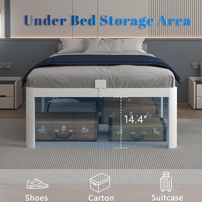 16 Inch Twin Bed Frames, White Twin Metal Bed Frame with Anti-Slip Baffles, No Box Spring Needed, Heavy Duty Steel Platform Supprt, Rounded Corner Legs, Noiseless, Reserved Holes, Storage Space