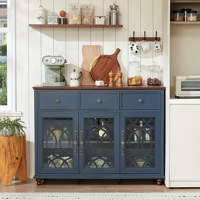 Farmhouse Sideboard Buffet Cabinet Set of 2 with Storage,48" Large Credenza with 3 Glass Doors & 3 Drawers,Adjustable Shelves Console Table,Wood Kitchen Coffee Bar for Dining Room,Navy Blue