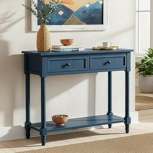 Knocbel Antique Entry Console Table with 2 Drawers & Bottom Open Shelf, Wood Sofa Tables for Entryway Hallway Living Room, 35.34" W x 13.8" D x 30.25" H, Dark Navy