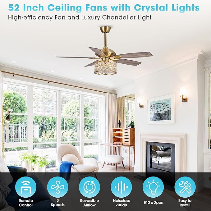 Gold Ceiling Fans with Lights and Remote, 52 Inch Modern Crystal Chandelier Ceiling Fan for Bedroom Living Room, Brass Ceiling Fans Lighting, Ventilador de Techo, Reversible 5-Blade, 3 Speeds