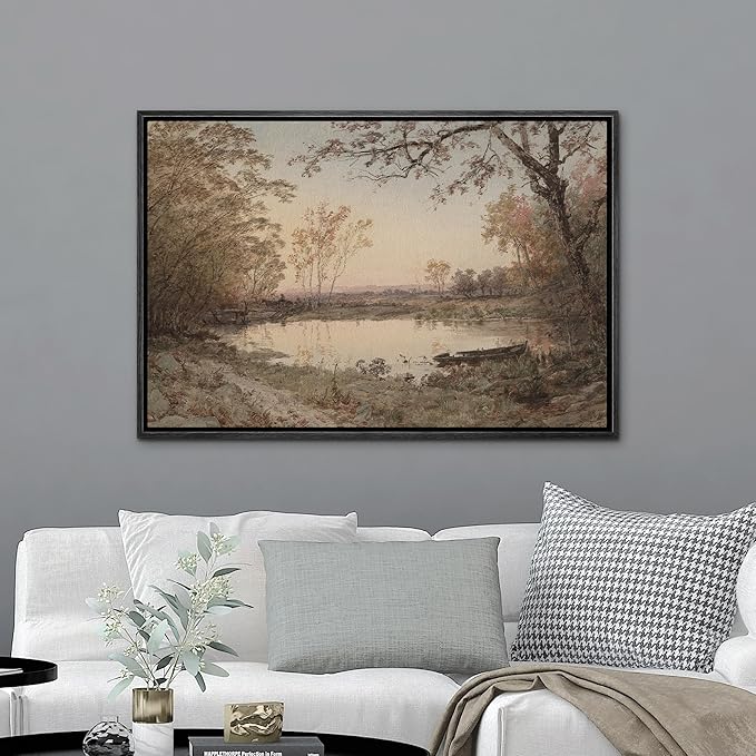 MUDECOR Framed Canvas Print Wall Art Rustic Country Farmhouse Forest Lake Nature Wilderness Antique Retro Fine Art Shapes Illustrations Decorative Colorful Multicolor for Bedroom - 16"x24" Black