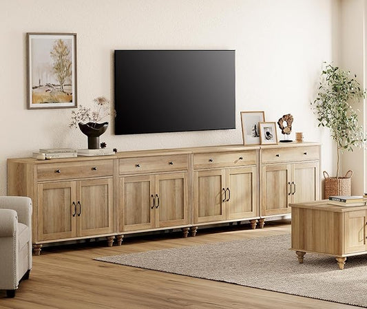 WAMPAT Farmhouse TV Stand for 85 inch TV with 8 Doors and 4 Drawers, Wood Universal TV Stand with Large Storage Cabinets, Oak Entertainment Center TV Console Table for Living Room, Bedroom