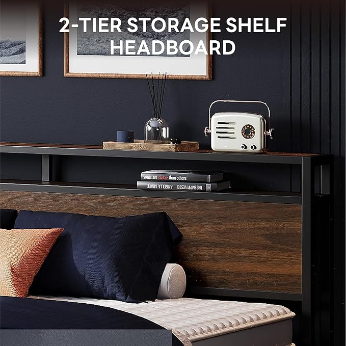 LIKIMIO King Bed Frame with Headboard, Dark Wood Camas King with Strong Supports, Sturdy, Noise-Free, No Box Spring Needed, Dark Walnut