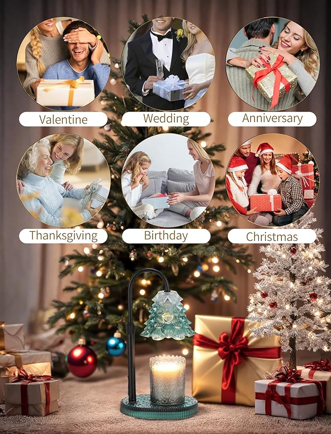 Candle Warmer Lamp with Timer & Dimmer, Crown Glass Lamp Candle Warmer for Jar Candles, 2 Bulbs, Height Adjustable Electric Wax Warmer for Elegant Home Decor (Emerald Pine)