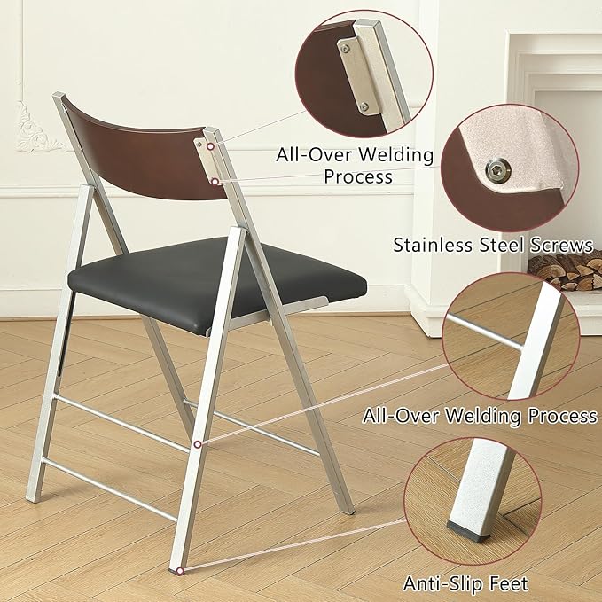 Folding Chairs with Cushion 2 Pack - Heavy Duty Steel Frame Foldable Dining Chairs, Waterproof Leather Indoor Outdoor Comfortable Folding Chairs for Home, Conference Rooms, Weddings, Events (Black)