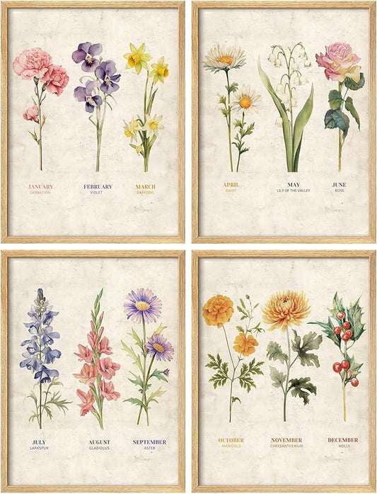 SIGNWIN Framed Set Vintage Floral Birth Month Botanical Prints Antique Flower Illustrations Modern Art Decorative Scenic Multicolor Nature Wilderness for Bedroom - 12"x16"x4 Natural