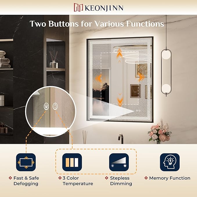 Keonjinn 28 x 36 Inch Black Bathroom LED Mirror with Frontlit & Backlit, Lighted Bathroom Mirror, HD Tempered Glass, UL Listed LED Driver, Aluminium Beveled Frame, 3 Color Lights, Dimming, Defogging