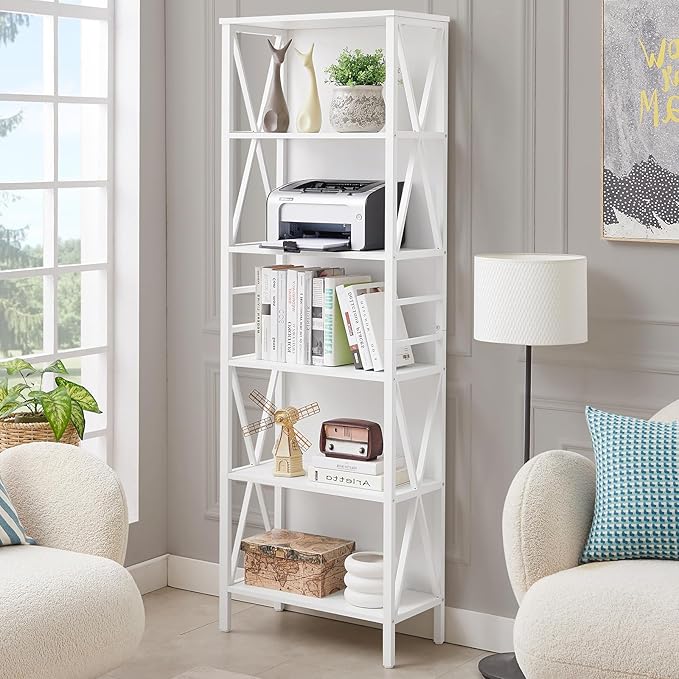 HOMISSUE Tall Bookshelf, 6-Tier Book Shelf, Rustic Wood Metal Bookshelves and Bookcases, Freestanding and Industrial Open Bookcase for Home Office, Living Room and Bedroom, Vintage, White