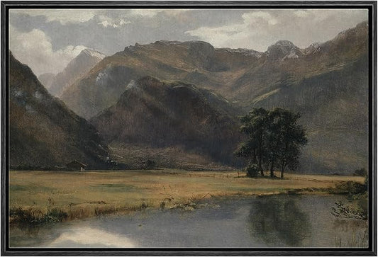 MUDECOR Framed Canvas Print Wall Art Rustic Country Mountain Range Landscape Nature Wilderness Antique Retro Fine Art Shapes Illustrations Decorative Colorful Multicolor for Bedroom - 16"x24" Black