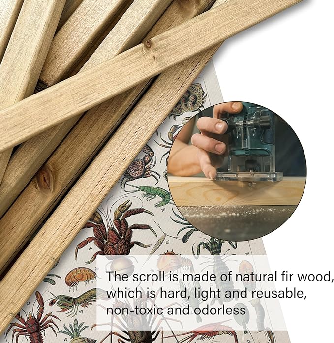 XIAOAIKA Antique Crustacean Species Poster - Vintage Detailed Seafood Illustration Chart with Wooden Frame - Educational Wall Art for Seafood Enthusiasts, Chefs, and Classrooms 16 x 23 Inches