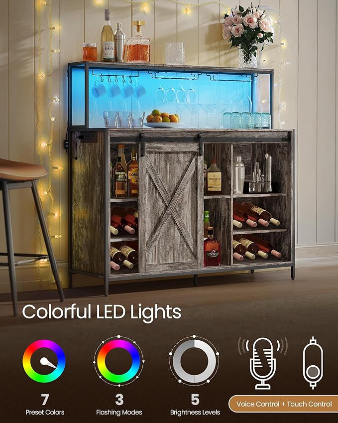 VASAGLE Coffee Bar Cabinet with Power Outlet and Voice Control LED Light, Buffet Cabinet with Sliding Barn Doors, S Hooks, Wine Glass Racks, Bottle Holders, Maple Gray ULSC201G01
