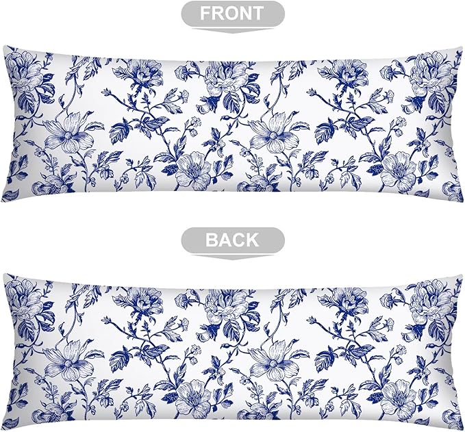 Blue and White Porcelain Floral Body Pillow Cover Vintage Flowers Long Pillow Case with Zipper,Florals Lumbar Pillows Cases,Chinoiserie Decorative Soft Bed Cushion Covers for Bedroom,Sofa,"20x54"