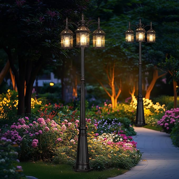 Dusk to Dawn Outdoor Lamp Post Light with 3 LED Bulbs, Triple Head Aluminum Street Light Post for Outside with Sensor, Waterproof Birdcage Pole Lighting Fixture for Backyard Garden Patio Bronze