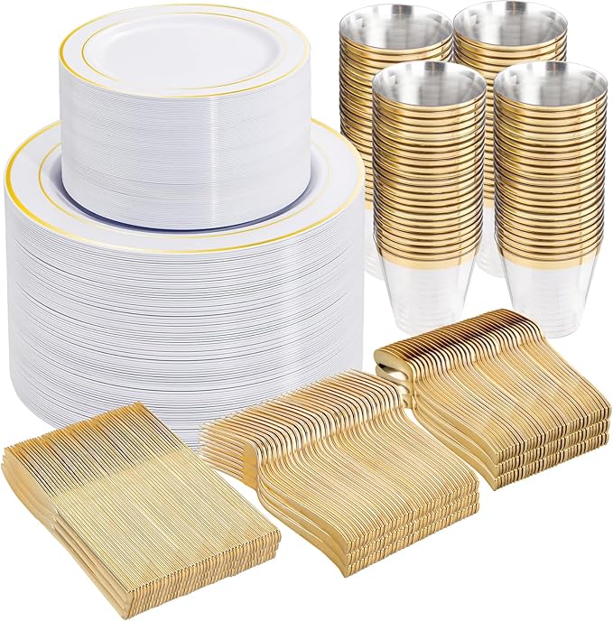 WELLIFE 300Pcs Gold Dinnerware Set for 50 Guests, Gold Rim Plastic Plates Disposable, 50 Dinner and 50 Salad Plates, 50 Cups, 50 Silverware Set for Party